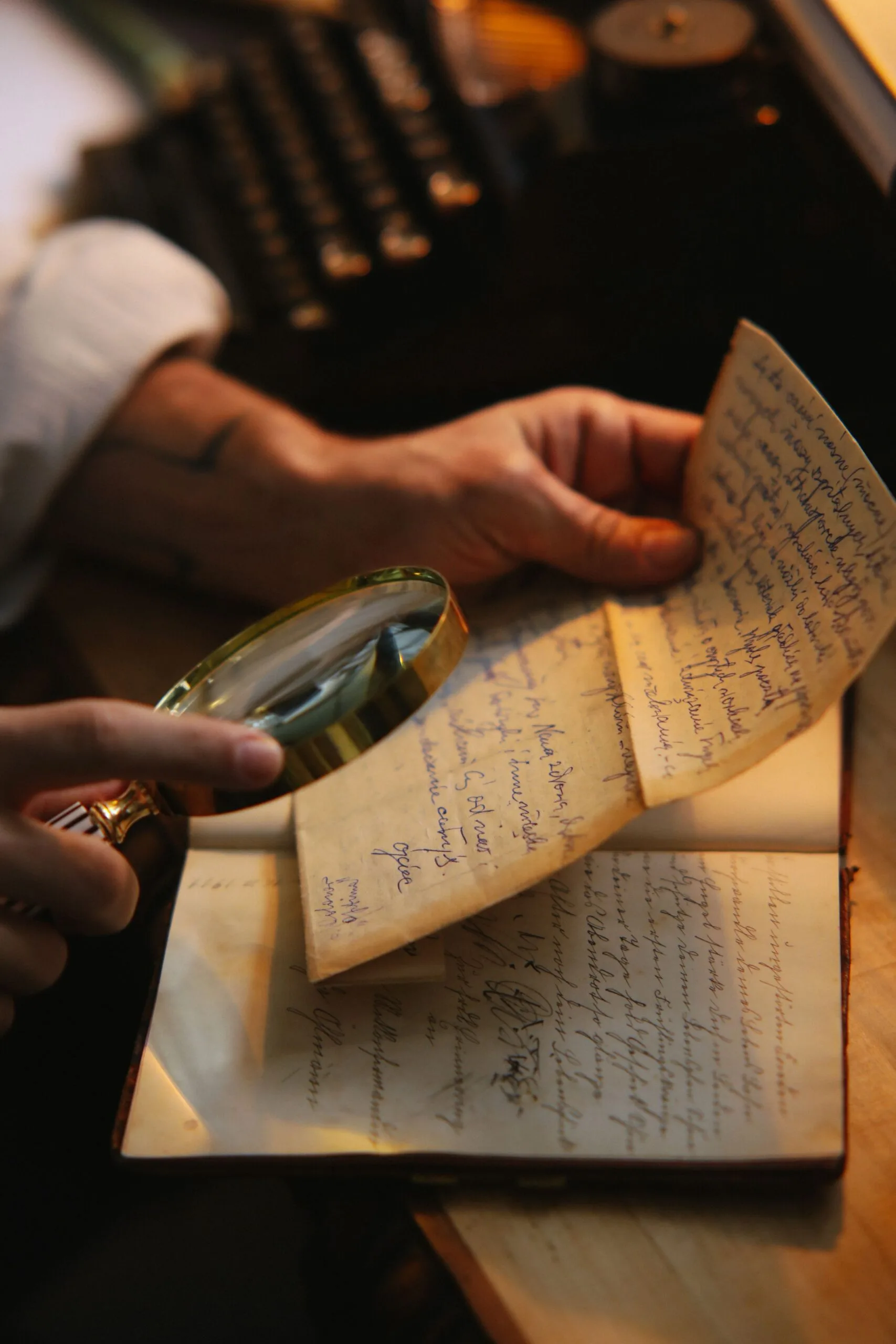 Mains examinant une lettre manuscrite ancienne à la loupe, lumière chaude