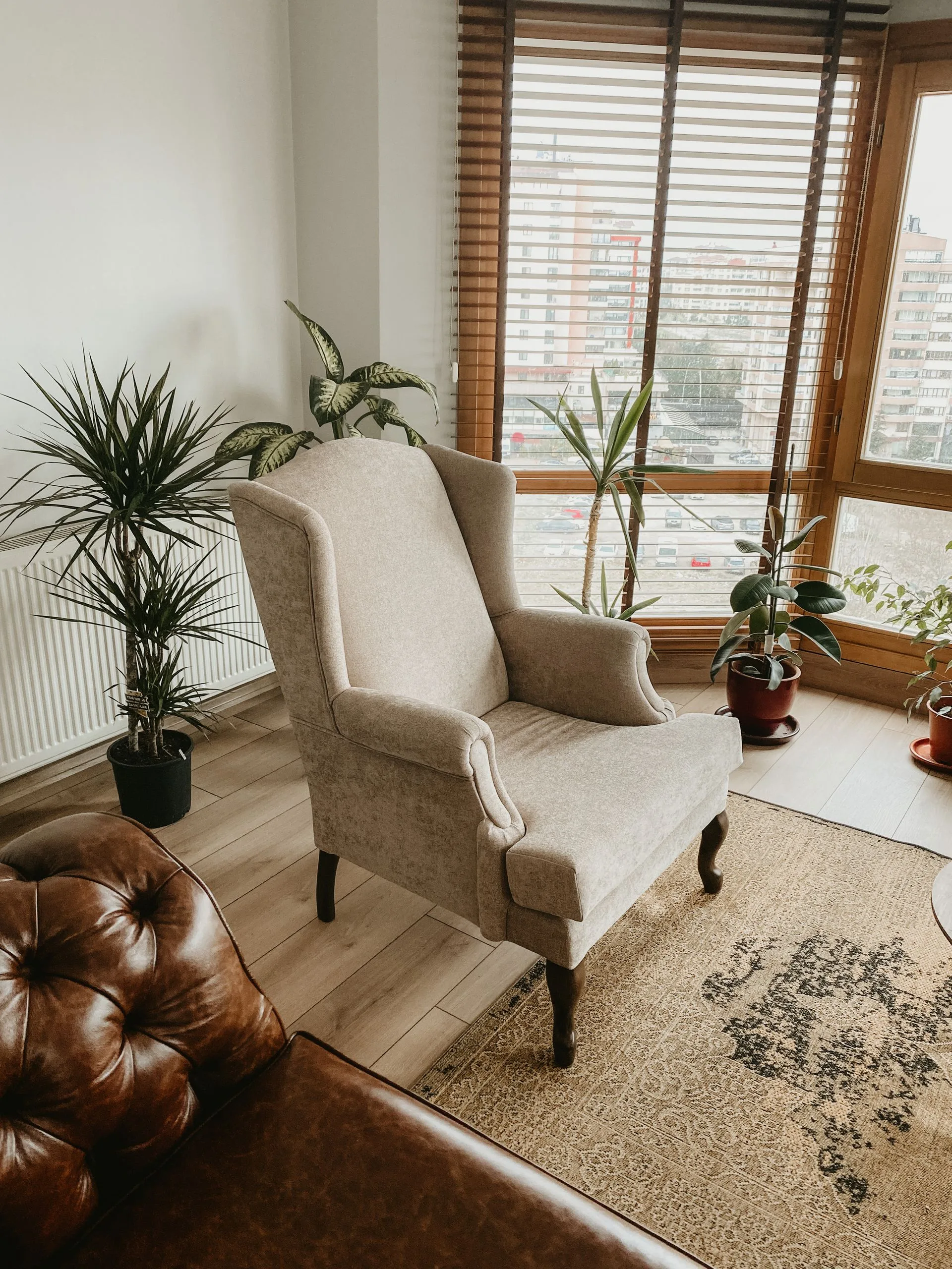 Fauteuil confortable près d'une fenêtre lumineuse avec plantes vertes